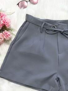 Shorts feminino ,Alfaiataria Estilo bolsos com Zíper ,Calções casuais com cordão de cor sólida