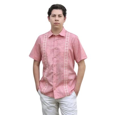 ANTONIO LIMON VISTE AL NATURAL Guayabera CORAL de Lino/Algodón para Hombre, Manga Corta, Bordado Coral y Hueso - Antonio Limón