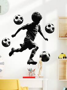 1pc Black-White Football Player Mural Sticker, Self-Adhesive Removable Wall Decor For Living Room, Suitable For Cartoon Bedroom, Kids Room Decoration Stickers Personalised Stickers