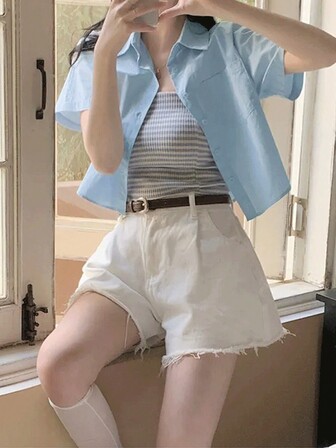 2025夏季设计小众甜咸温柔优雅宽松短袖纯色单排扣衬衫