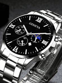 3 Pcs/Set Casual Sports Stainless Steel Quartz Watch, Bracelet And Necklace Set For Boys - Silver - View 2