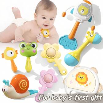 Multifunctional Rattle Toys, Cartoon Rattle, Baby Newborn Grab & Hearing Training Toys, For Chewing Early Education Rattle, Cute Frog, Chick, Giraffe, Sunflower, Hand Drum, Rattle Drum, Snail Whistle, Rattle Toys, Suitable For Baby Early Learning Toys, Christmas & Birthday Celebration, Can Enhance Grip Strength & Motor Skills, Promote Auditory & Visual Development Early Education Toys