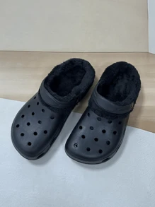 男士纯色保暖室内拖鞋，舒适防臭耐用冬季休闲毛绒内衬一脚蹬鞋