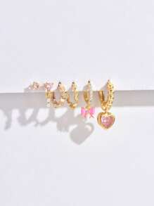 6pcs/Set Elegant Pink Bow & Heart Zirconia Earring Set, Suitable For Party, Holiday, Date Or Wedding Valentines - Pink - View 3