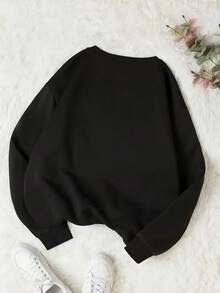 Valentine's Day Corgi Dog & Heart Graphic Print Casual Crew Neck Long Sleeve High Quality Fleece Sweatshirt For Women - Black - View 2