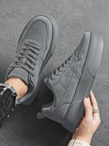 Men's Solid Gray Front Lace-Up Skateboard Shoes, Minimalist Style With Stitching Details & Round Toe Low-Top Sneakers