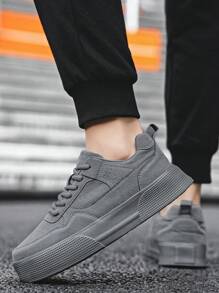 Men's Solid Gray Front Lace-Up Skateboard Shoes, Minimalist Style With Stitching Details & Round Toe Low-Top Sneakers