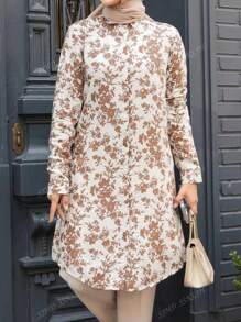 Blouse décontractée à manches longues avec imprimé floral tout-sur-tout, modeste, pour femmes