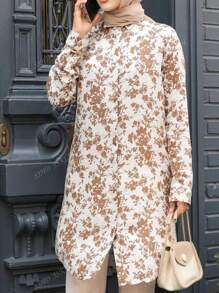 Blouse décontractée à manches longues avec imprimé floral tout-sur-tout, modeste, pour femmes