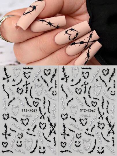 Valentines Nails 2pcs Thorns Heart Black Silver Knot Design Cool Style Nail Art Stickers Heart Chill Style Y2k Nail Decals Valentine's Day Nail Charms Decorations DIY Nail Supplies