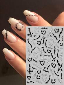 Valentines Nails 2pcs Thorns Heart Black Silver Knot Design Cool Style Nail Art Stickers Heart Chill Style Y2k Nail Decals Valentine's Day Nail Charms Decorations DIY Nail Supplies
