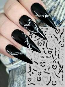 Valentines Nails 2pcs Thorns Heart Black Silver Knot Design Cool Style Nail Art Stickers Heart Chill Style Y2k Nail Decals Valentine's Day Nail Charms Decorations DIY Nail Supplies