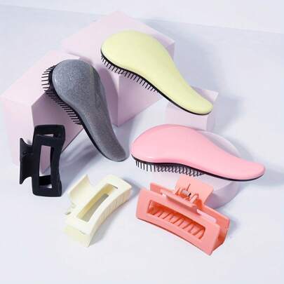 2件套按摩发梳和方形发夹套装，魔术手柄防静电头皮按摩梳，淋浴时头发顺滑梳和防滑发夹，返校季、旅行度假必备，女士美发配件，梳子，边缘梳，发梳，边缘梳发梳，发梳套装，刷子，理发师，美发设备，发型，美发，发梳，发梳套装，梳子，卷发梳，顺滑梳，女士发梳，理发师配件，理发店，美发设备
