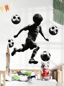 1pc Black-White Football Player Mural Sticker, Self-Adhesive Removable Wall Decor For Living Room, Suitable For Cartoon Bedroom, Kids Room Decoration Stickers Personalised Stickers