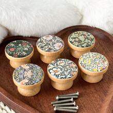 6Pcs Creative Handmade Beech Wood Engraved Beautiful Flower And Grass Art Pattern Bowl Shaped Furniture Handles With Screws Dresser Knob Kitchen Cabinet Pulls Wooden Single Hole Drawer Knobs