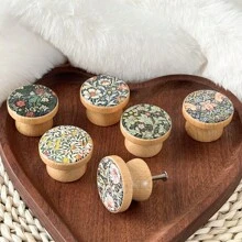 6Pcs Creative Handmade Beech Wood Engraved Beautiful Flower And Grass Art Pattern Bowl Shaped Furniture Handles With Screws Dresser Knob Kitchen Cabinet Pulls Wooden Single Hole Drawer Knobs