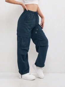 Damskie spodnie cargo typu outdoor, szybkoschnące, z wieloma kieszeniami i wysokim stanem, proste nogawki, nadające się do prania