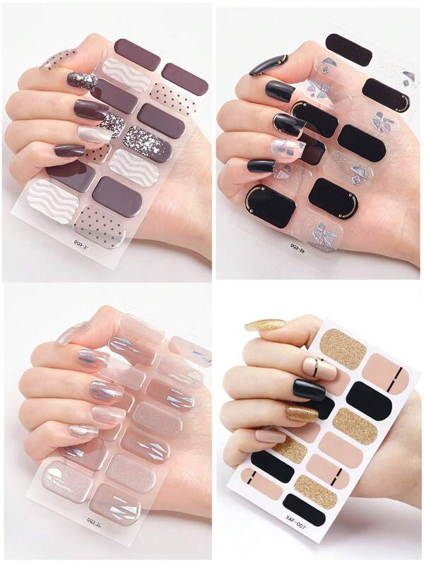 4pcs Set Elegant & Gentle Nail Art Stickers, Full Nail Glossy Polish Decals, Removable Self-Adhesive Nail Stickers