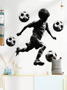 1pc Black-White Football Player Mural Sticker, Self-Adhesive Removable Wall Decor For Living Room, Suitable For Cartoon Bedroom, Kids Room Decoration Stickers Personalised Stickers