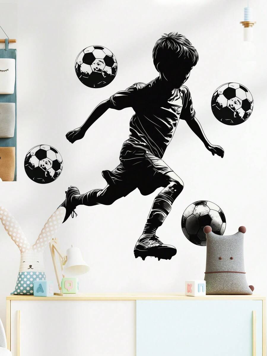 1pc Black-White Football Player Mural Sticker, Self-Adhesive Removable Wall Decor For Living Room, Suitable For Cartoon Bedroom, Kids Room Decoration Stickers Personalised Stickers