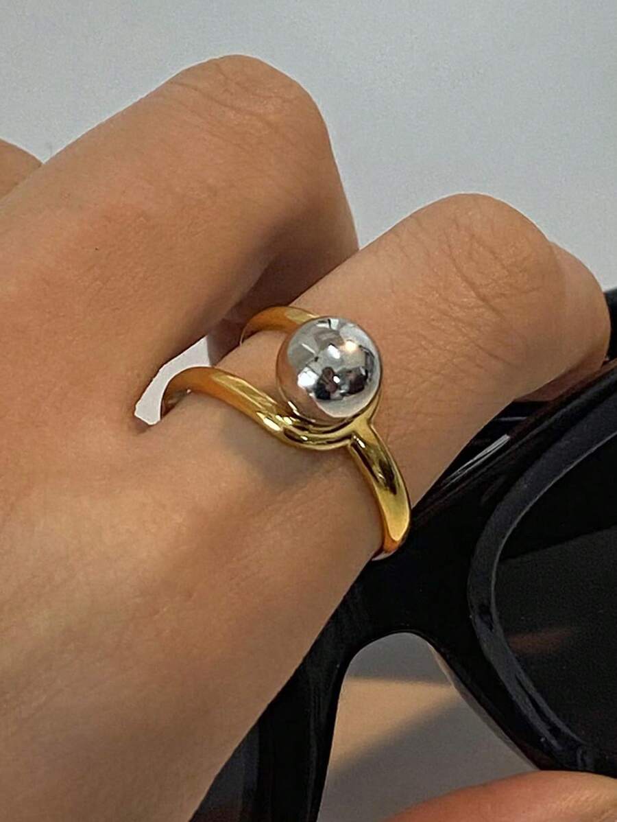 Uworld 1 件简约时尚金银配色线空心钢珠开口戒指 18K 镀金女士不锈钢戒指适合日常佩戴度假旅行海边等防水优质戒指 - 開口戒指 - 查看 1