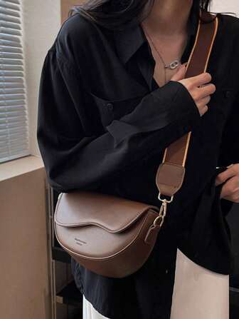 Women's Vintage Solid Color Saddle Bag, Wide Strap Crossbody Bag, PU Leather Shoulder Purse, Bohemia Style Bag For Women