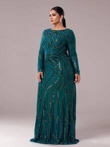 seomiscky 女士加大码长袖亮片装饰紧身连衣裙、晚礼服、派对礼服、婚礼宾客礼服、正式礼服 - 綠色 - 查看 2