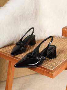 Giày cao gót hở mũi bằng da bóng màu đen dành cho nữ, quai đôi, giày cao gót mũi nhọn trang trọng thanh lịch, dép xăng đan thời trang - màu đen - Xem 5