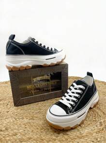 Canvas-Sneaker für Damen und Jungen/Mädchen, dicke braune Sohle, mit Plateau, widerstandsfähiges und atmungsaktives Gewebe, vielseitiger und moderner Stil, ideal zum Kombinieren, ohne auf Komfort zu verzichten - Schwarz - Übersicht 5