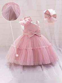 女婴3D蝴蝶结薄纱花童礼服，适合婚礼、生日、派对等场合，附赠头饰 - 藕粉色 - 查看 5