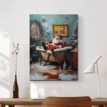 Room Decor 1pc Wooden Framed, Santa Is In The Bathtub, Wall Decorati Canvas Painting Wall Art Prints Poster, Decor For Home Gifts, Living Room, Bathroom, Bedroom