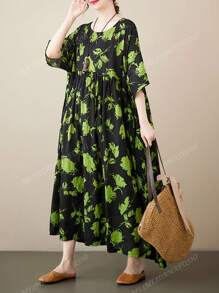 Top, 2025 Green Flower Dress, Daily Ladies Plus-Size Dress, Summer Crew-Neck Sleeved Full Print Breathable Holiday Casual Dress, Holiday Beach Wear, Bohemian Elegant Dress