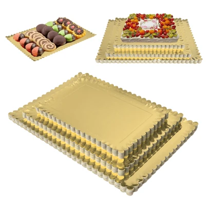 10 pièces Cartons dorés jetables, plateaux à base épaisse en papier à bord festonné rectangulaire résistant à la graisse, pour une présentation élégante des desserts, des cupcakes, des fêtes d'anniversaire et de mariage