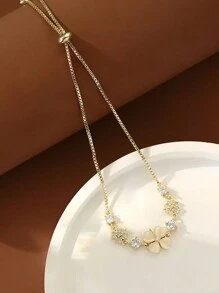 Sterling Silber Katzenauge Stein Herz-förmiger Kleeblatt Armband für Frauen, light Luxury, Nische Blumen Handschmuck, ziehbar und verstellbar Valentinstag