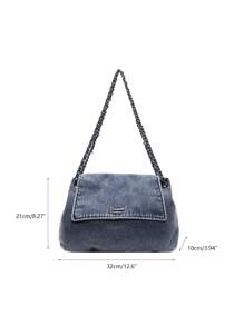 New Fashion Casual Solid Color Washed Canvas Fabric Metal Chain Strap Flap Women's Shoulder Bag