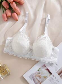 3 piezas Sujetador de encaje para mujer con aros, ropa interior con lazo, lencería sexy en negro, blanco y beige, sujetador con aros y ajustable - Multicolor - Ver 4