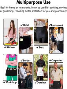 1pc Unisex Polyester Apron With 3 Pockets, Short HalfWaist Waiter Work Unifomm For Kitchen Supplies, HotelRestaurant Attendant Waist Apron, Kitchen Cooking BakingBib Apron, Chef Apron