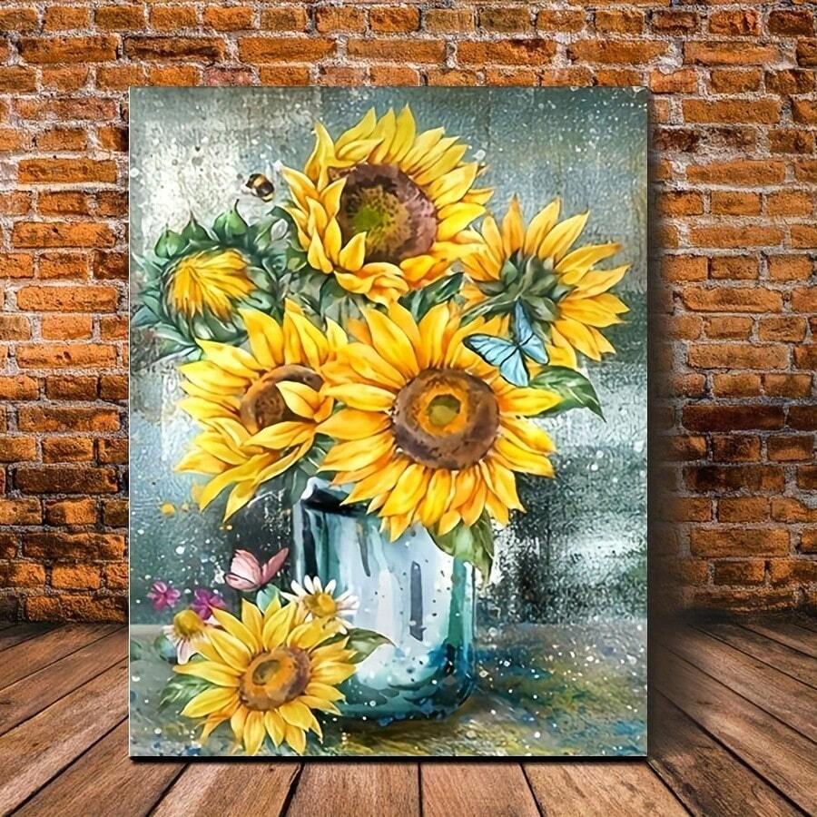 1pc Wood Frame Canvas Painting Sunflowers Canvas Wall Art Prints Yellow Flowers Canvas Wall Art Artwork Home Decor For Bedroom Living Room Bathroom Rama - Black and White - View 1