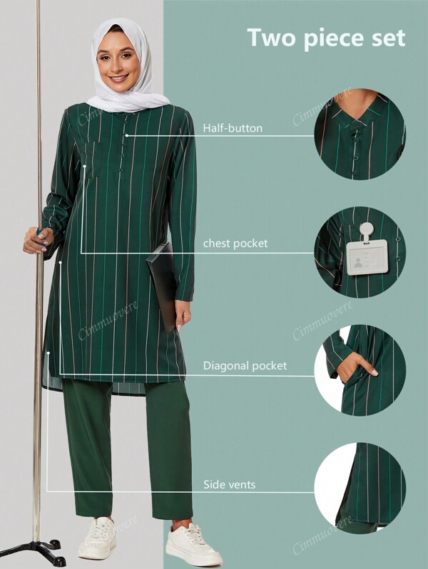 cimmuovere Top cu mânecă lungă în dungi cu 3 buzunare și pantaloni de culoare solidă cu 2 buzunare, ținută Abaya/Abaya Kaftan/Caftan/Kurta Ramadan/Eid, uniformă confortabilă de scrub pentru asistentă, medic, dentist, salon de înfrumusețare, clinică de sănătate mintală, asistență medicală, spital pentru animale de companie, laborator