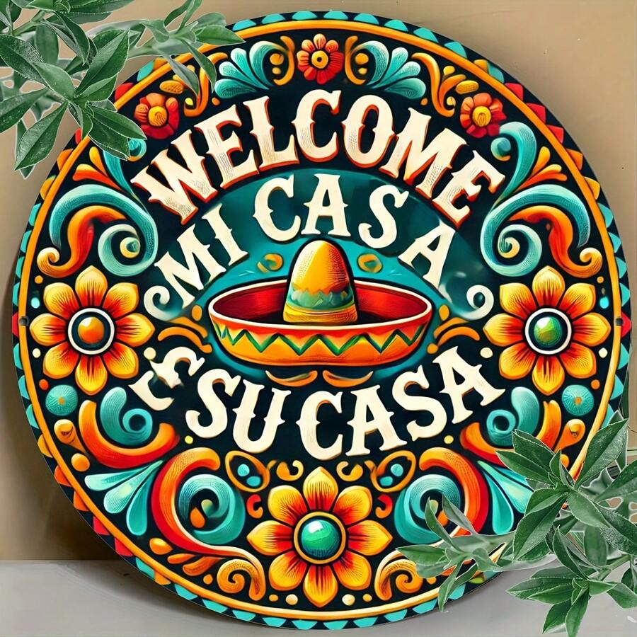 1 pieza de Letrero de bienvenida de metal "Mi Casa Su Casa" - Decoración de pared de arte popular mexicano floral de 8x8 pulgadas - Pieza de arte de metal, apta para el hogar, oficina, dormitorio, cocina, comedor, bar - Regalo de inauguración de la casa fácil de colgar (estilo de agujero aleatorio), decoración del hogar, decoración de habitación, decoración de pared