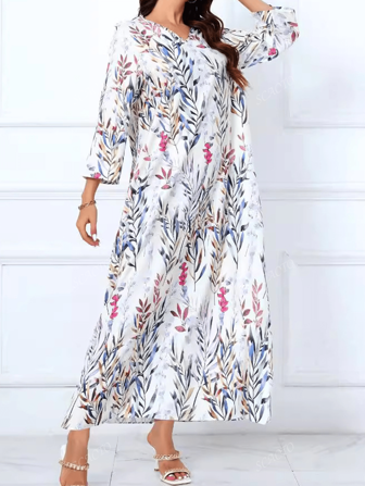 Scacto Arab Women's V-Neck Floral Pattern Elegant And Simple Robe Dress, Loose Version, Can Be Worn Inside Or Outside, Moderately Casual For Daily Life/Travel/Holiday/Vacation/Party/Commuting