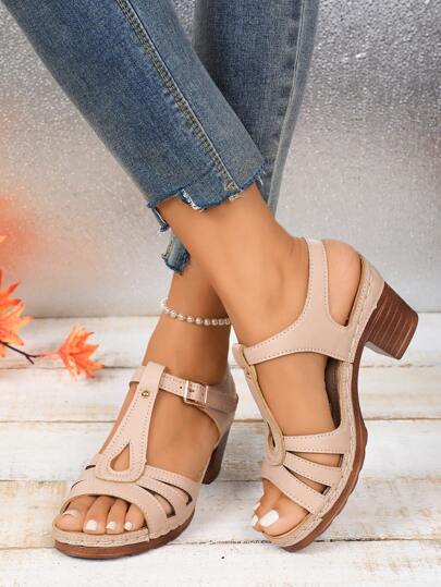 Women's Thick Block Heel Sandals, Chunky Wooden Texture Heels, Comfortable Casual Vacation Beach Sandals