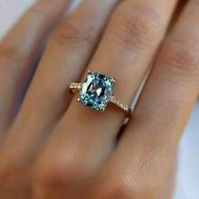 1 pièce Bague de promesse élégante, plaquée or cuivre avec zircone cubique synthétique bleu turquoise brillant, coupe princesse. Bague de fiançailles et de mariage, convient pour les robes de soirée, les fêtes et les galas des femmes - Doré - Voir 3