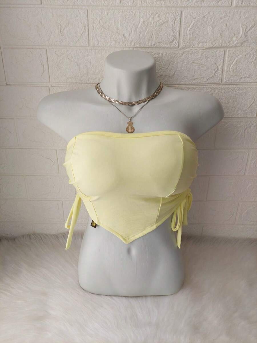 Women's Cropped Top With Band And Tie With Suplex Cup Strapless Blogueirinha One Size - Fits Sizes 36 To 42 - 淺黃色 - 查看 1