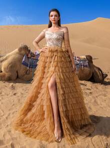 Faeriesty Haute Glamour Gorgeous Off Shoulder Cascading Ruffle Hem Formal Prom Dress - Khaki - View 2