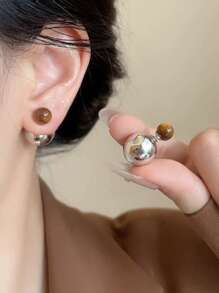 1 Pair Reversible Tiger Eye Stone Vintage Fashionable Casual Stud Earrings For Women, Suitable For Daily And Holiday Wear