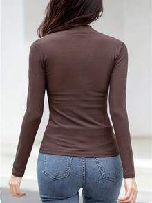 Solid Simple T-shirt, Casual V Neck Long Sleeve T-shirt For Spring & Fall, Women's Clothing - Café integral - Ver 4