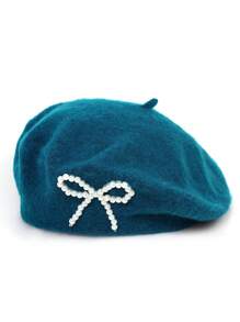 1顶女士仿珍珠蝴蝶结装饰羊毛贝雷帽，休闲百搭纯色黑色贝雷帽 - 彩色 - 查看 25