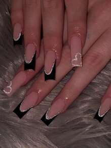 情人节指甲 24 件方形心形图案带闪光哑光设计法式尖头按压指甲中等贴合完美丙烯酸假指甲套装，包含 1 件果冻胶和 1 件指甲锉，易于佩戴的法式尖头指甲艺术适合女性和女孩日常佩戴狂欢派对使用指甲用品指甲 - 彩色 - 查看 9