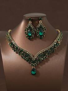 3 件套女士军绿色项链耳环首饰套装，优雅婚礼和派对配饰